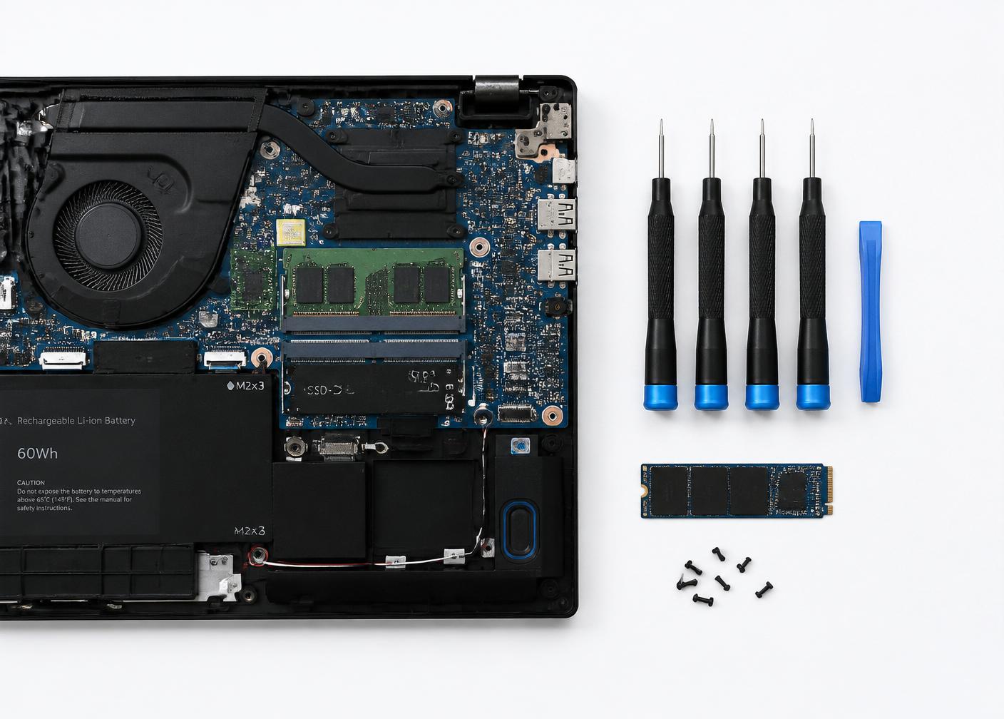 Laptop internals with precision repair tools laid out