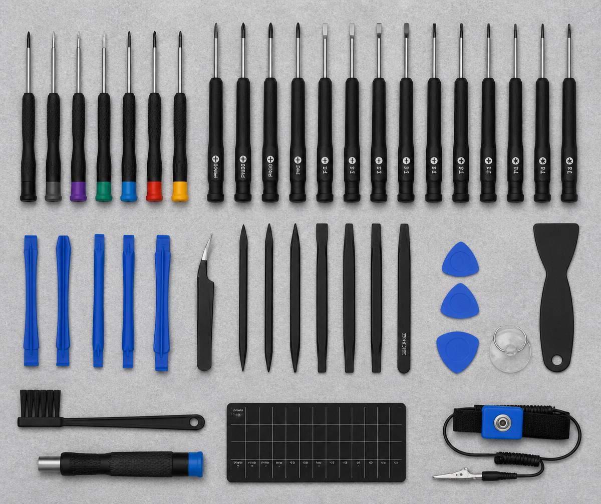 Neatly arranged precision repair toolkit