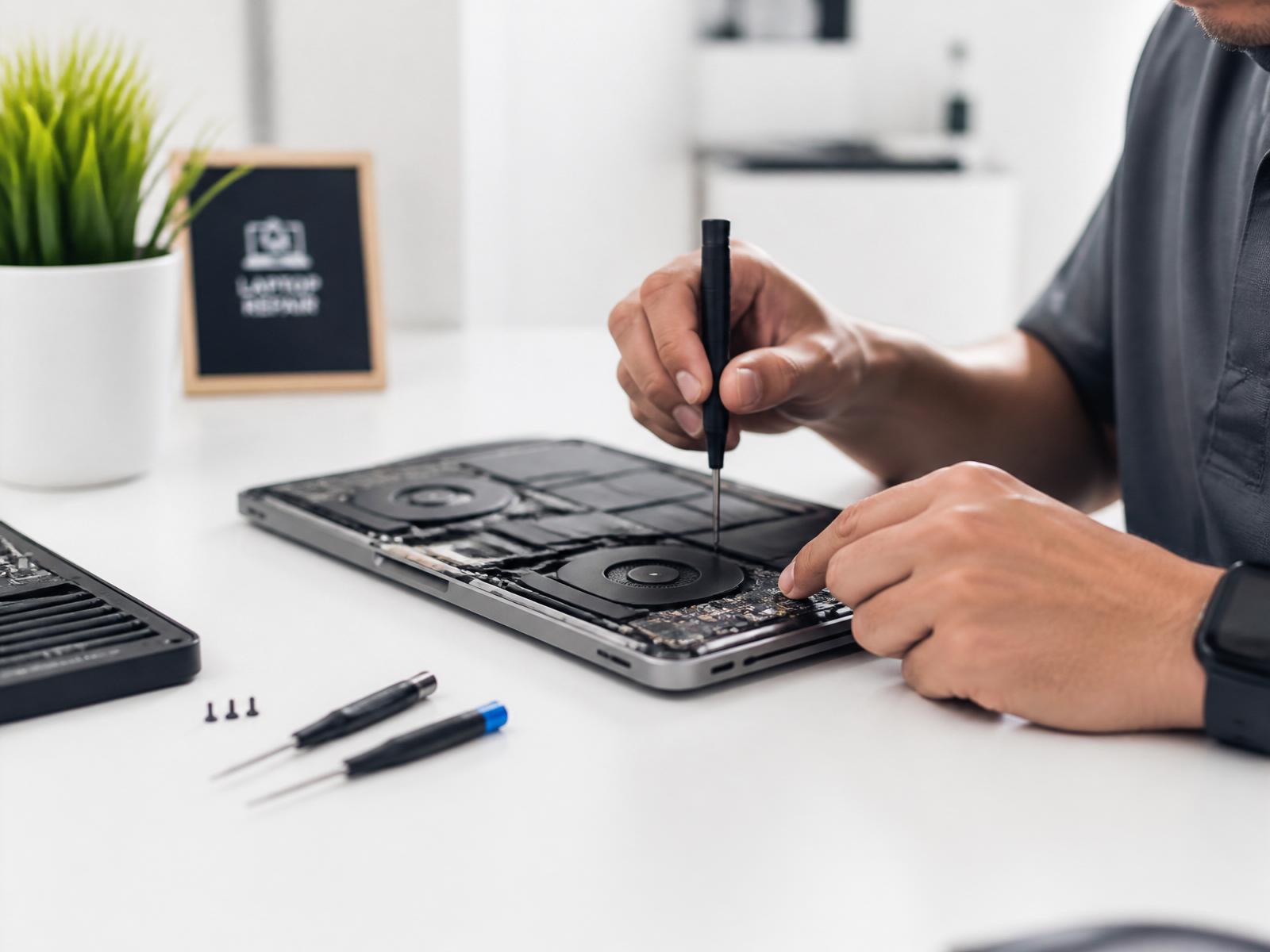 Technician repairing a laptop with precision tools